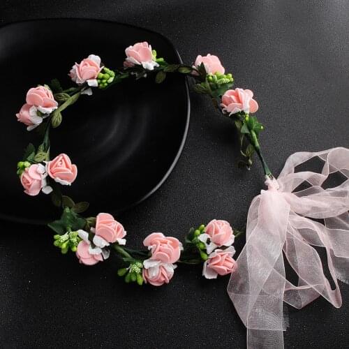 Rattan Bridal Head Wreath Pink Flower Crown Women Hairband Garland Tiara Beach Wedding Party Accessories Performance Photography