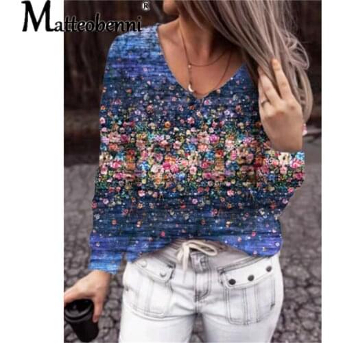 2021 Autumn T-Shirts Women Floral Print Casual Tops Long Sleeve Streetwear Tee V-Neck Spring Female T-Shirt Loose Pullovers Tops