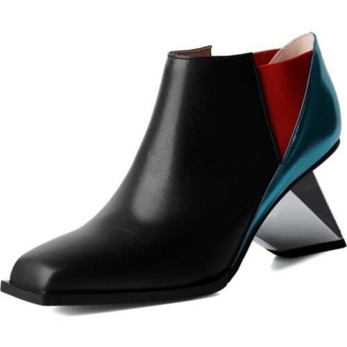 Womens Pointed Toe Match Colors Genuine Leather Ankle Boots Strange Irregular Heel Shoes Western Fashion New 2022