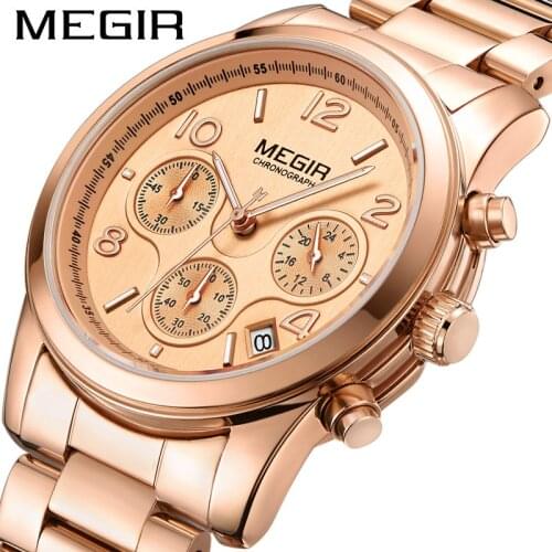 MEGIR 2057 Fashion Lady New Rose Gold Wristwatch Stainless Steel Luxury Brand Female Wrist Watches