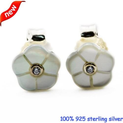 2016 New Luminous Florals Silver Stud Earrings With Mother-Of-Pearl 100% 925 Sterling Silver Jewelry DIY Wholesale 09E062