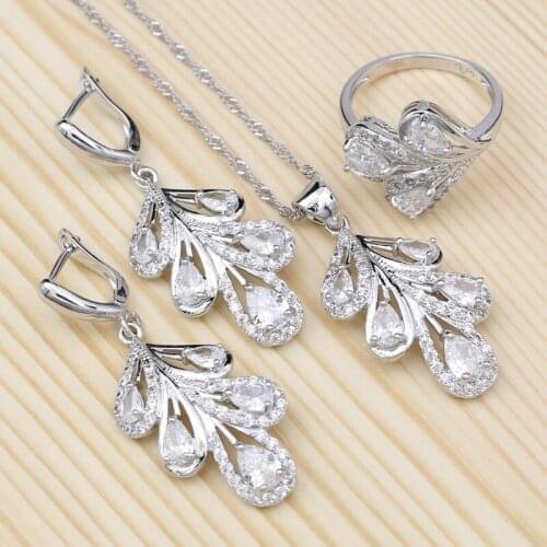 925 Sterling Silver Bridal Jewelry Sets For Women White Crystal Pendant Necklace Ring Drop Earring