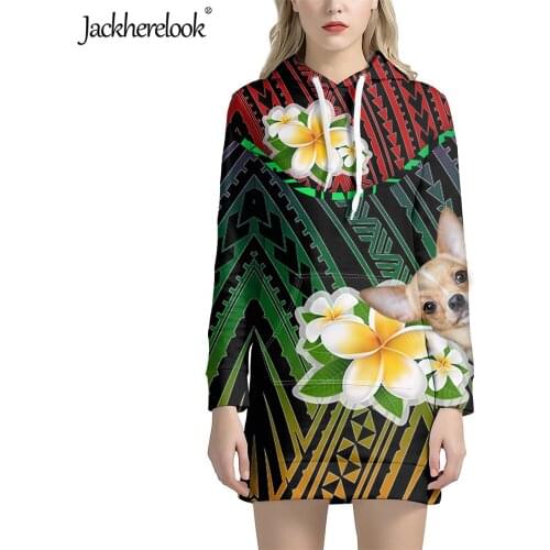 Jackherelook Polynesian Ethnic Plumeria Chihuahua Design Hoodie Dress Womens Pullover Loose Sweatshirt Tops Sudaderas Para Mujer