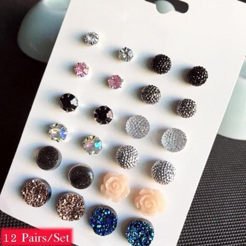 12 Pairs Ear Studs Simple Wear-resistant Women Round Rhinestone Flower Earrings Set for Party Earrings Ear Studs Set Women Earri