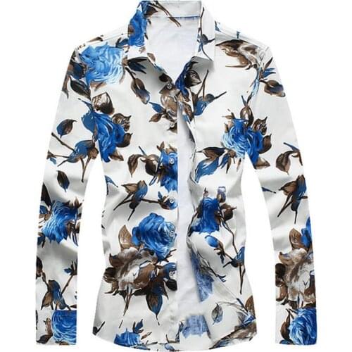 2021 New Mens Slim fit Floral Printed Shirts Male Casual long Sleeve Hawaiian Beach Flower Basic Tops Plus Size M-5XL