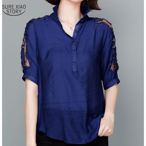 2021 Short-sleeved Solid Comfort Plus Size Lady Shirt Summer Trend Women Blouse Loose Hollow Thin Shirt Female Blusas Mujer15763