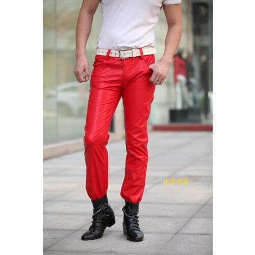 30-36 ! Mens Slim Leather Pants Color More Red, White And Yellow Black Leather Pants Boots Pants Singer Costumes Trousers