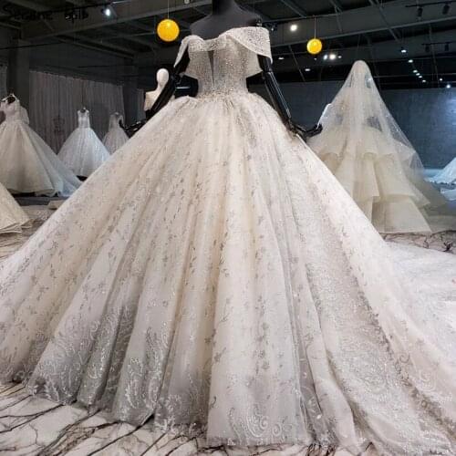 Dubai Ivory Off Shoulder Sparkle Wedding Dresses 2020 High-end Diamond Sequins Sexy Bridal Dress DHX0133 Custom Made