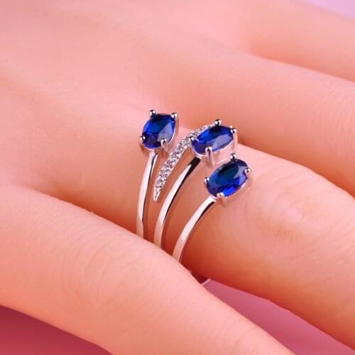 Madrry Luxury Zircon Wedding Rings for Women Three Lines Rhinestone Blue Brand Design Aneis Anillos Anel Bijoux Femme joyas