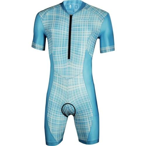 Quality Mens Short Sleeve Triathlon Clothing Lycra Blue Tri Suit Breathable Mountain Bike MTB Road Bike Cycling Jersey