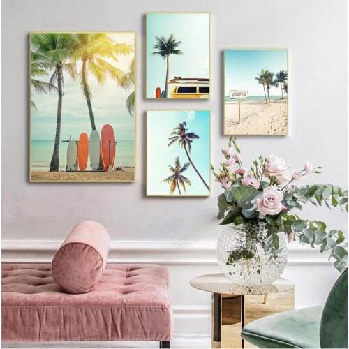 Canvas Painting Vintage Landscape Surfboard Palm Trees Surf Van Holiday Trip Poster Print Wall Art Pictures For Home Decoration