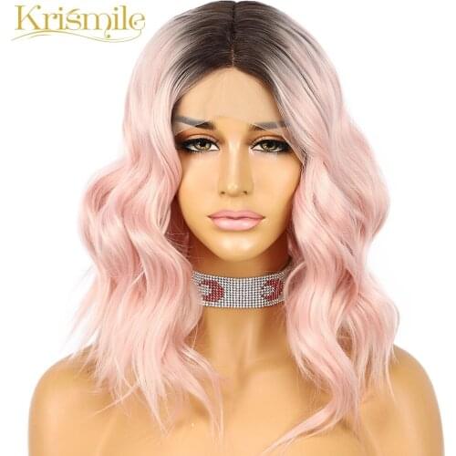 Krismile Short Wavy Synthetic Lace Wigs T Part Ombre Pink Middle Part Wig High Temperature Party Cosplay Daily for Women Make Up