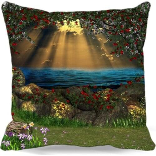Beautiful Manor of Rose blue lake Pouring sunligh Square Cotton polyester soft cushion cover for Home car sofa chair decorative