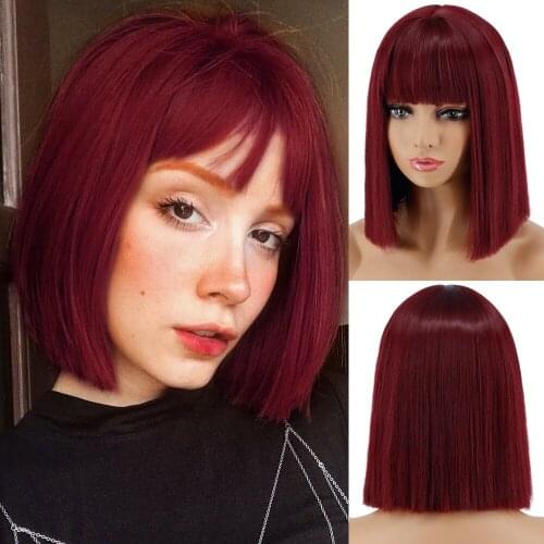 Linghang Short Bob Straight Wig With Bangs for Women Synthetic Bob Wigs Black Red Pink Wig for Party Daily Use Shoulder Length