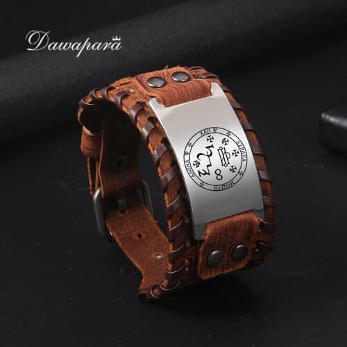 Dawapara Seal of The Jophiel Angel Beauty of God Stainless Steel Charm Bracelet Adjustable Leather Men Bangles Bracelets