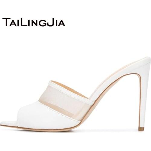 Pointed Toe Mesh Mules Sandals 2020 Party Shoes Women Stiletto High Heels Elegant PU Leather Ladies Dress Shoe Large Size Sandal