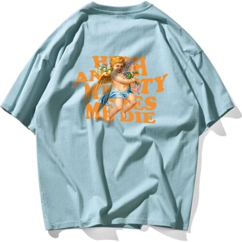 2021 New Fashion Lovers Couple Retro Angel Oil Paiting Print T Shirts Men Qulity 100% Cotton Top Tee Skateboard White T-shirt