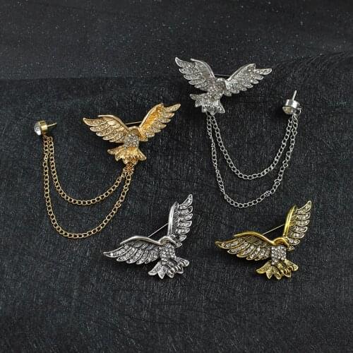 New Retro Eagle Flying Spread Wings With Chain Mosaic Zircon Birds Badge Lapel Pins For Men Women Gift Jewelry Brooches