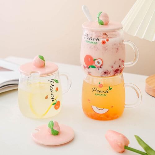 Peach Glass Female Student Simple Korean Version of Large Capacity Cute Spoon Scale Cup with Lid Breakfast Cup Milk Cup