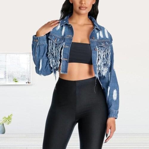 Ripped Jeans Coat Sexy Women Turn Down Collar Novelty Casual Tassel Denim Short Jacket Sexy Casual Coats