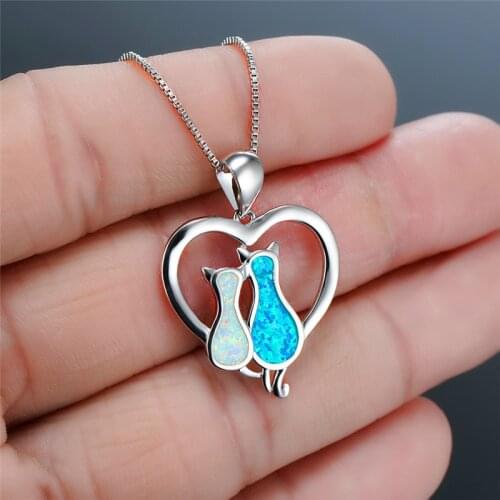 Blue White Fire Opal Double Cat Pendant Necklaces for Women White Gold Animal Jewelry Wedding Engagement Necklace Couple Gifts