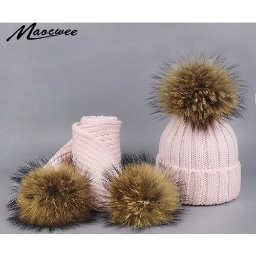 Boy Girl Pom Pom Beanie Warm Knitted Bobble Fur Pompom Hat and Scarf Set Children Real Raccoon Fur Pompon Winter Hat Skullies