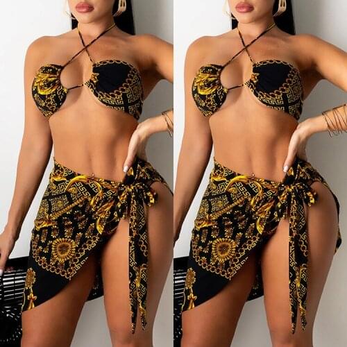 Vintage Bathing Suit Bikini Nylon 3 Piece Set Womens swimsuit Swimwear Shiny Woman clothes Retro Print Beachwear Bra Panty Set