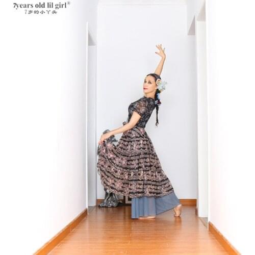 Tribal Belly Dance Skirt 16 Meters Full Circle Wide Printed Mesh Spanish Flamenco Dress Gypsy Fusion Dancel Ats