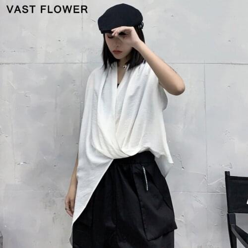 Women White Irregular Split T-Shirt New V-Neck Sleeveless Fashion All-match Loose Casual Tee Tshirt Femme Tops Summer 2021