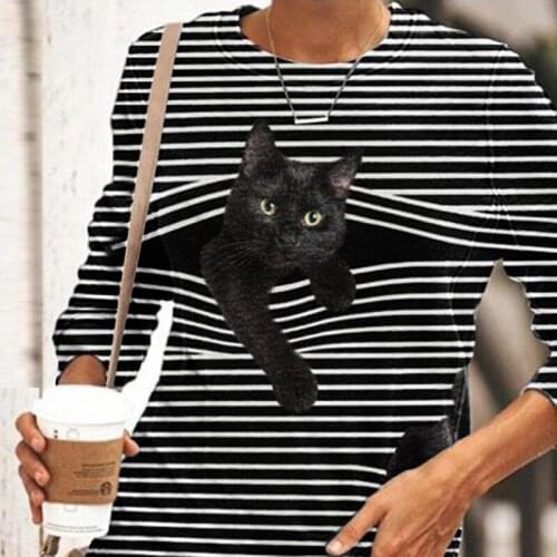 Womens Casual Black Cat Pullover Shirts Long Sleeve 3D Black Cat Striped Shutters Graphic Tops Crewneck Blouse Polyster d88