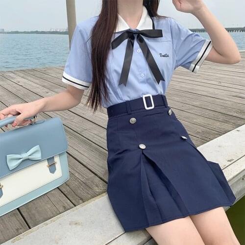 Women Girls JK Uniform Korea College Style Package Hip Skirt Blue Short Sleeve Thai Student Uniform Set Top Matching Sets NEW