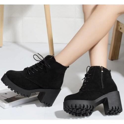 Womes boots Suede Ankle Boots Square Heels Ladies Lace Up Plush Zipper Shoes Woman Fashion Casual Boots Female Winter Footwear