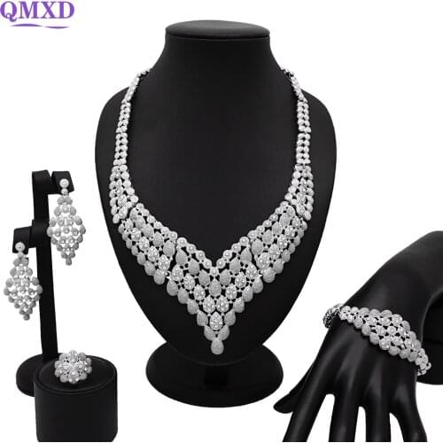 Dubai Womens SilverJewellery Exquisite Italy Austrian Crystal Hollow Necklace Earrings Ring Wedding Jewelry Sets