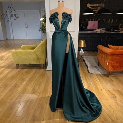 Vestidos 2020 Hunter Green Long Evening Dresses Sexy High Slit Sleeveless Arabic Formal Gowns Zipper Back Simple Prom Dresses