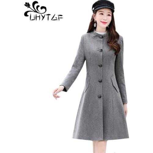 UHYTGF Winter coat women single-breasted Stand collar slim elegant long outerwear Quality autumn wool coat female Basic tops 993