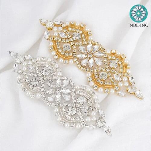 1PC) Silver crystal rhinestone pearl applique patch gold hand beaded iron on sew on for dress shoes accessories WDD0787