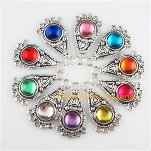 10 New Teardrop Charms Mixed Acrylic Flower Connectors Tibetan Silver Tone 19x35mm