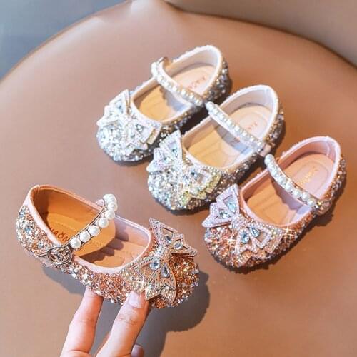 2021 Girls Shoes Rhinestone Princess Shoes Bling Wedding Shoes For Girls Pearls Mary Janes Glitter Dance Baby Kids Flats Child