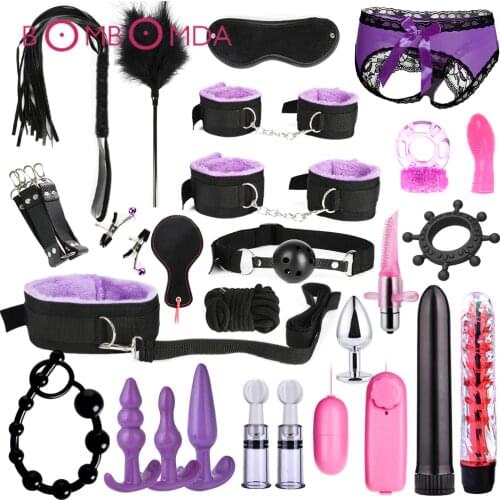 26 PCS Adult Sex Toys For Women Handcuffs Nipple Clamp Whip Spanking Sex Silicone Metal Anal Plug Butt Bdsm Vibrator Bondage Set