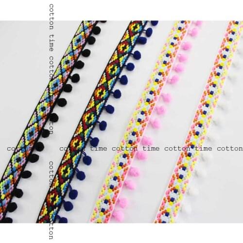 5 yards ethnic style trim with pompom boho chic lace 1.2 cm ball diameter 4 cm wide trim handmade materials,clothing accesory