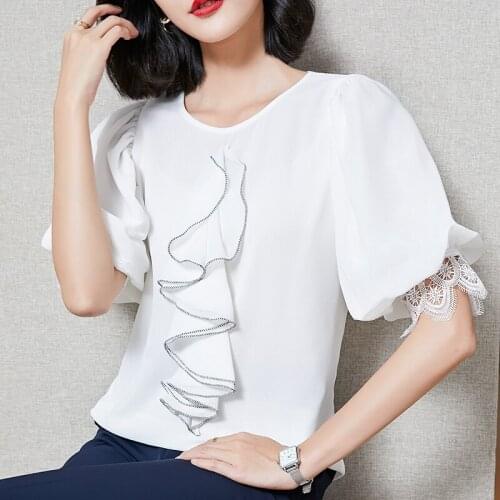 White Chiffon Shirt Women Puff Sleeve 2021 Summer Ruffles Fashionable Lady Blouse Thin Straight lace Woman Clothes