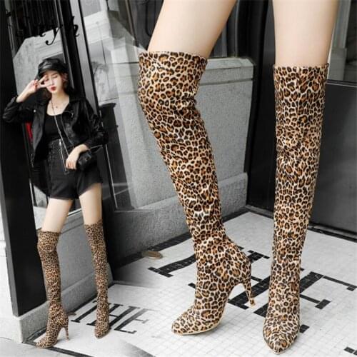 Over Knee Boots Women Fashion Stilettos Winter Boots Shoes Autumn Zip Heel Thigh High Boot Female Sexy Leopard Stripper Shoes
