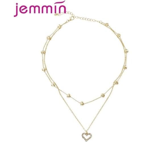 Authentic 925 Sterling Silver Gold Color Hear Shape Pendant Necklace Long Chain Link Necklace For Women Original Jewelry