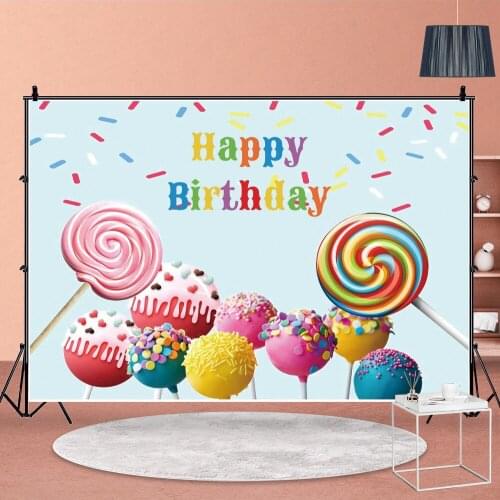 Colorful Sweet Candies Happy Birthday Backdrop Lollipop Baby Shower Photo Background Home Kids Party Poster Table Decoration