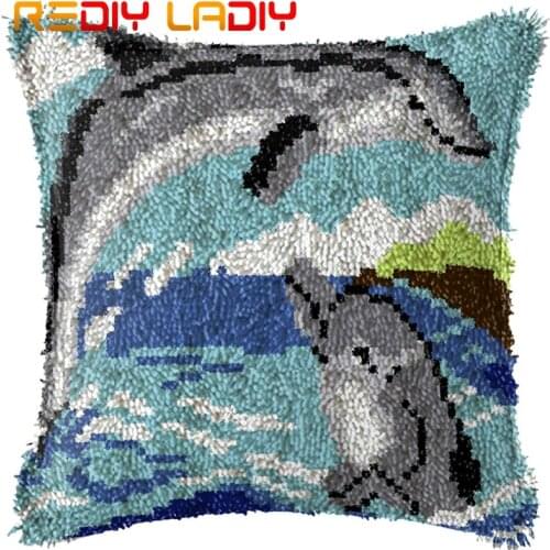 Latch Hook Cushion Dolphin Love Pillow Case Acrylic Yarn Pillow Pre-Printed Color Canvas Crochet Cushion Cover Hobby & Crafts
