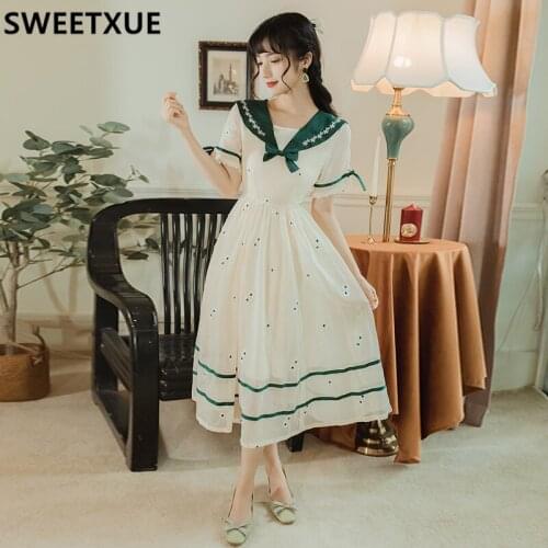 SWEETXUE Preppy Style Puff Sleeve Vintage Midi Dresses Japanese Lolita Style Women Princess Chic Bow Embroidery Vestidos Summer