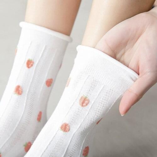 Strawberry print socks cute mesh calcetines mujer frilly street style striped korean fashion women sokken harajuku cotton meias