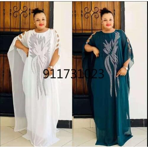 New African Dashiki Womens Fashion Abaya Stylish Chiffon Fabrics Hot Drilling Loose Long Dress Free Size + Inside