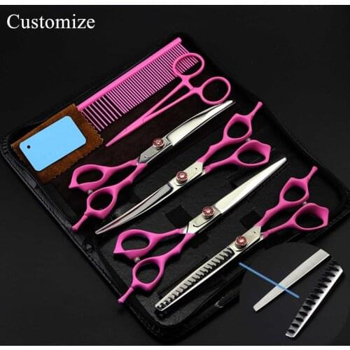 Customize professional 6 kit PINK 7 inch Pet dog grooming cutting shears hair scissors pet thinning barber hairdressing scissors