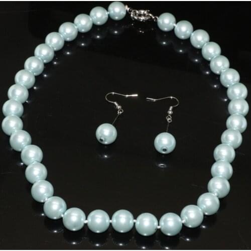 Bohemia style hot sale light sky blue 12mm round simulated-pearl shell beads necklace earrings elegant jewelry set 18inch B2317